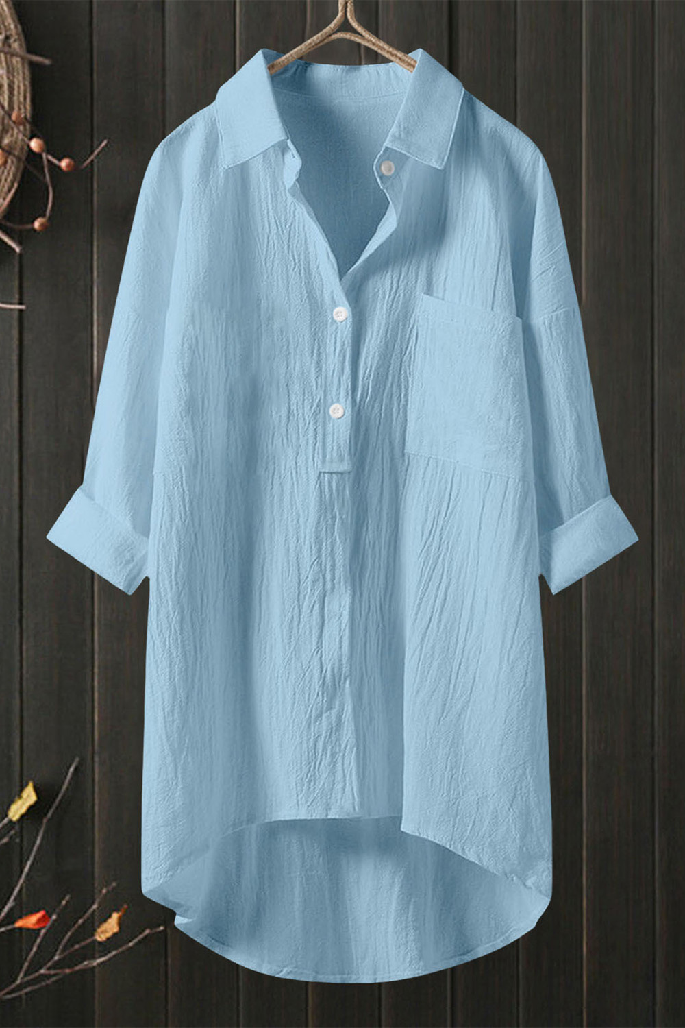Plus Size Everyday Light Blue Cotton And Linen Shirt Collar Button Pocket Long Sleeve Blouse 2024 - Flycurvy 
