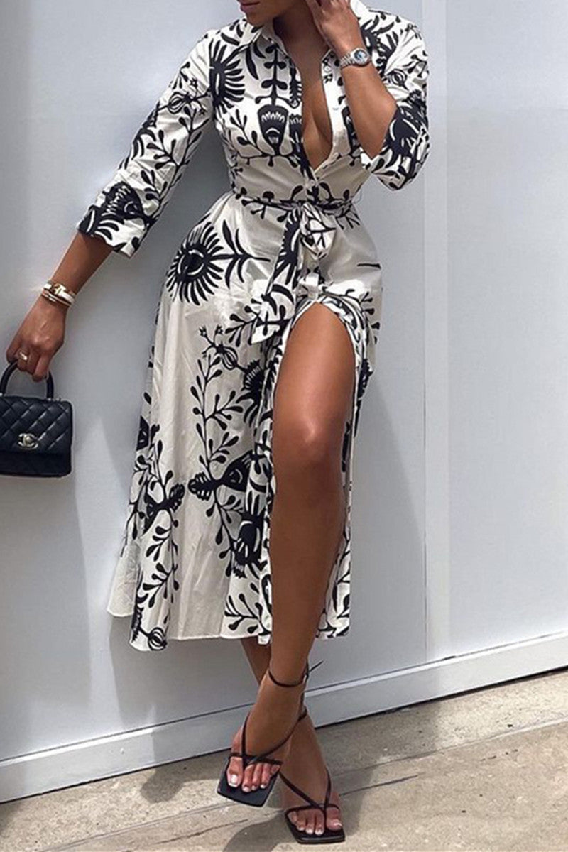 Printed square collar tied sexy slit floral dress