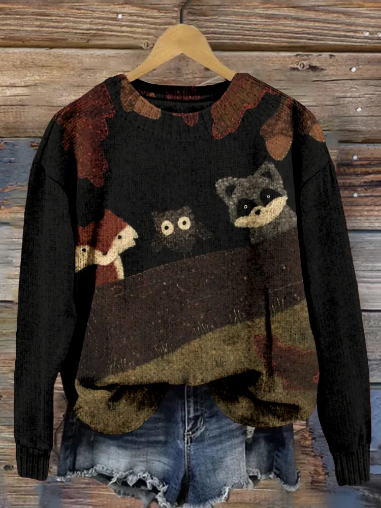 Cute Forest Animals Applique Art Cozy Knit Sweater