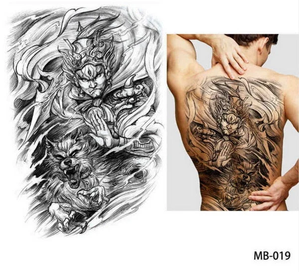 48*35 cm large tattoo stickers 2018 new designs fish wolf buddha waterproof temporary flash tattoos full back chest body for men