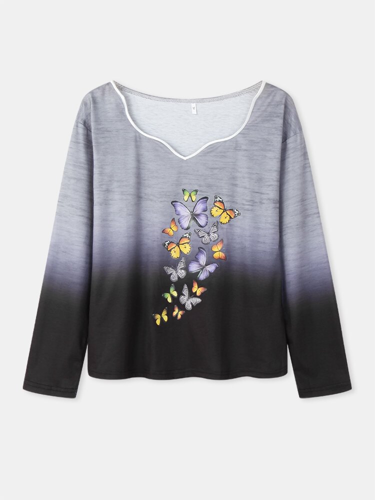 Butterfly Print Long Sleeve Gradient Color Blouse For Women P1791005