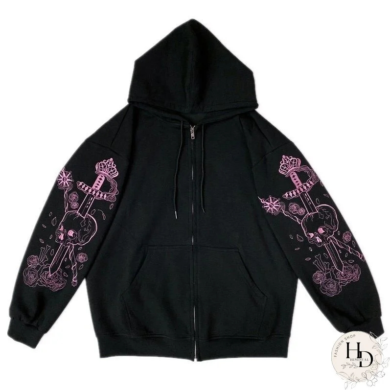 Women cardigan hooded Punk Pattern Printed Zipper Ribbon hoodie Retro black oversized jacket streetwear retro couple jacket top