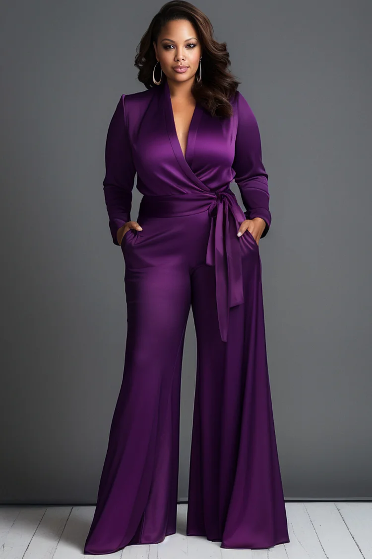 Xpluswear Design Plus Size Formal Purple V Neck Long Sleeve Wrap Elegant Pocket Satin Jumpsuits [Pre-Order]