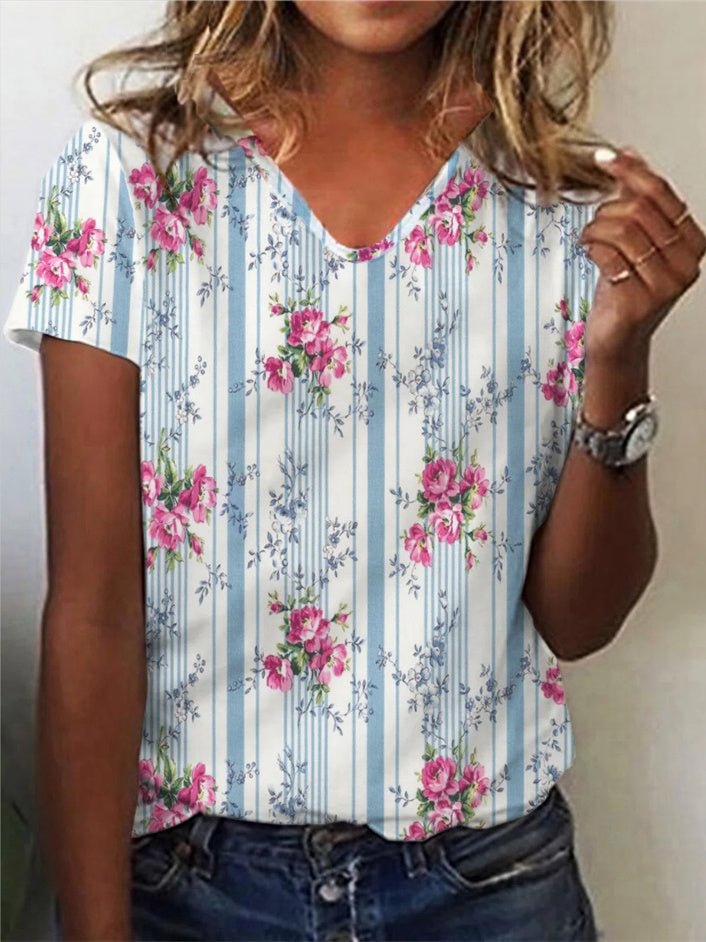 Women's Floral V-neck Short Sleeve Graphic Floral Printed Top
