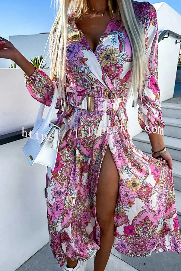 Paisley Print V Neck Long Sleeve Slit Slim Fit Dress