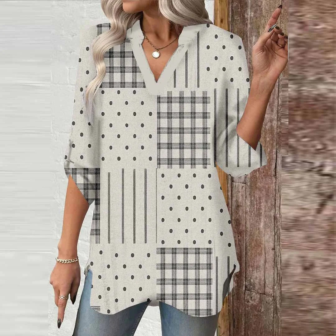 Women Striped,Polka-Dot,Black DZGA0312 3/4 Sleeve V-neck Printed Graphic Button Tops