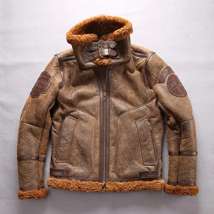 New Men Brown Shearling Pilot Jacket Casual Wool Liner Warm Coat