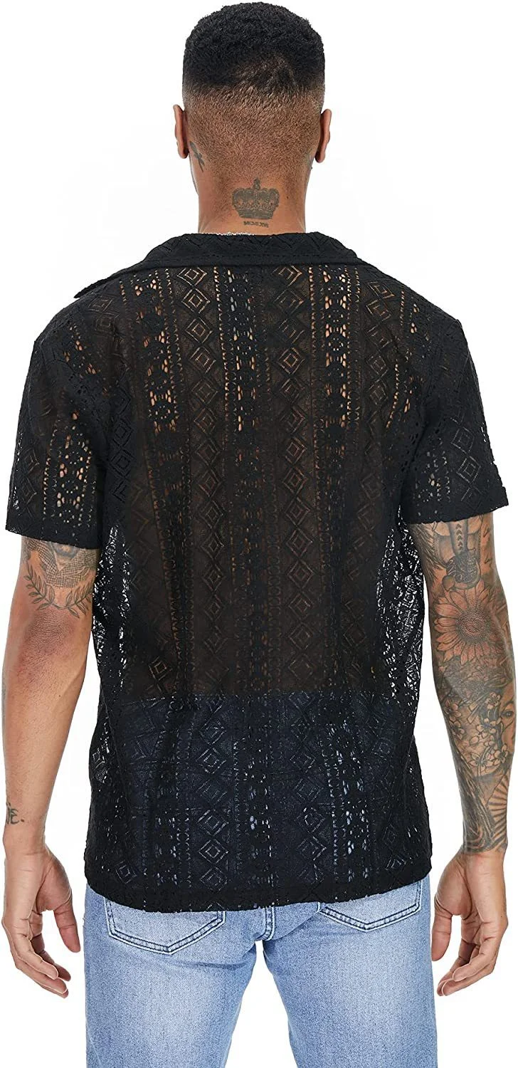Uveng Uveng New Fashion Men's Casual Short-Sleeved Lace Collar Button Hollow Cool Perspective Shirt Top
