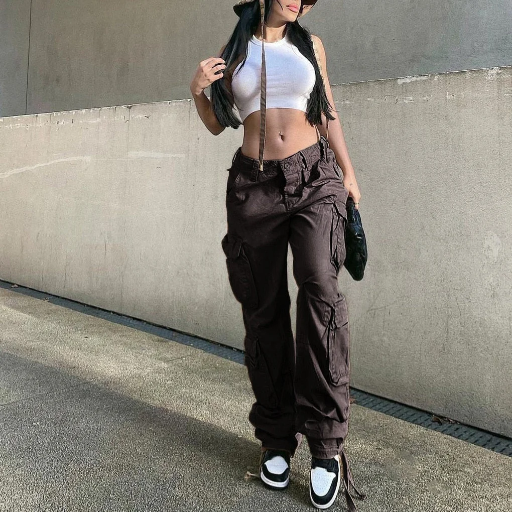 Jacqueline 2022 Drawstring Baggy Y2K Cargo Pants Women Low Waist Sweatpant Trousers Vintage Street Pockets Wide Leg Joggers Pant