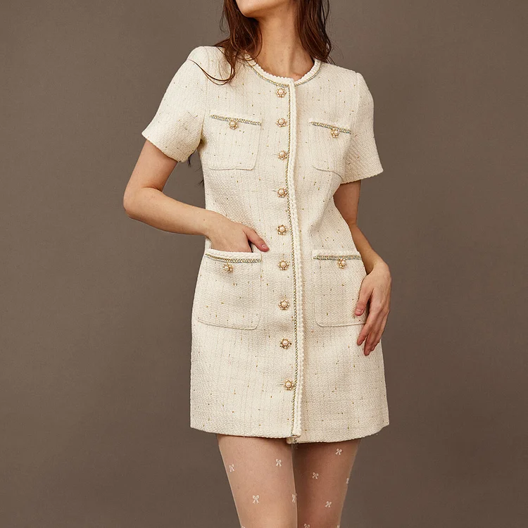 White Faux Pearl Button Mini Dress QueenFunky