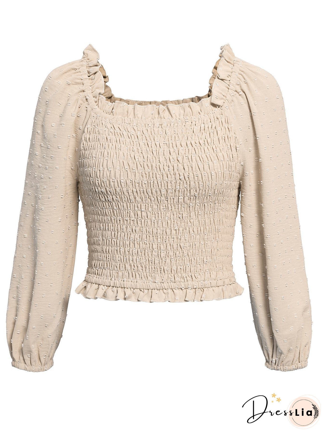 Swiss Dot Smocked Frill Trim Blouse