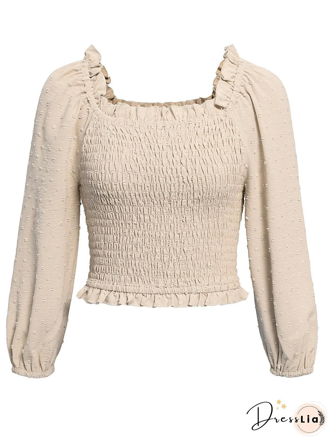 Swiss Dot Smocked Frill Trim Blouse