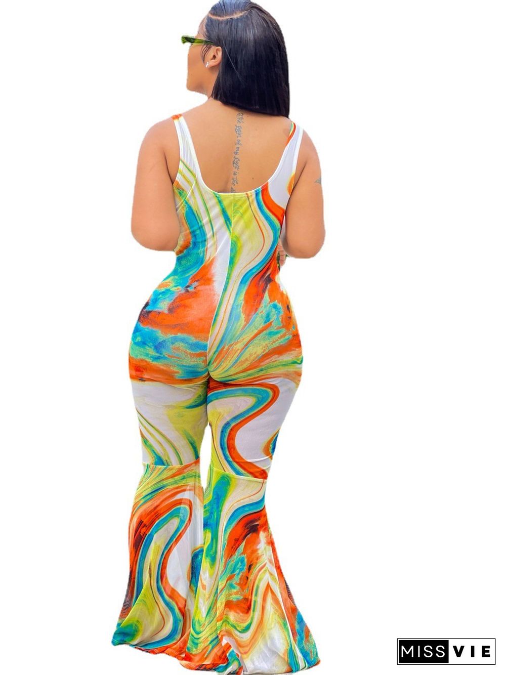 Summer Womens Clothing Casual Tie Dye Print Sleeveless Low Neck Backless Streetwear Bodycon Flare Jumpsuit