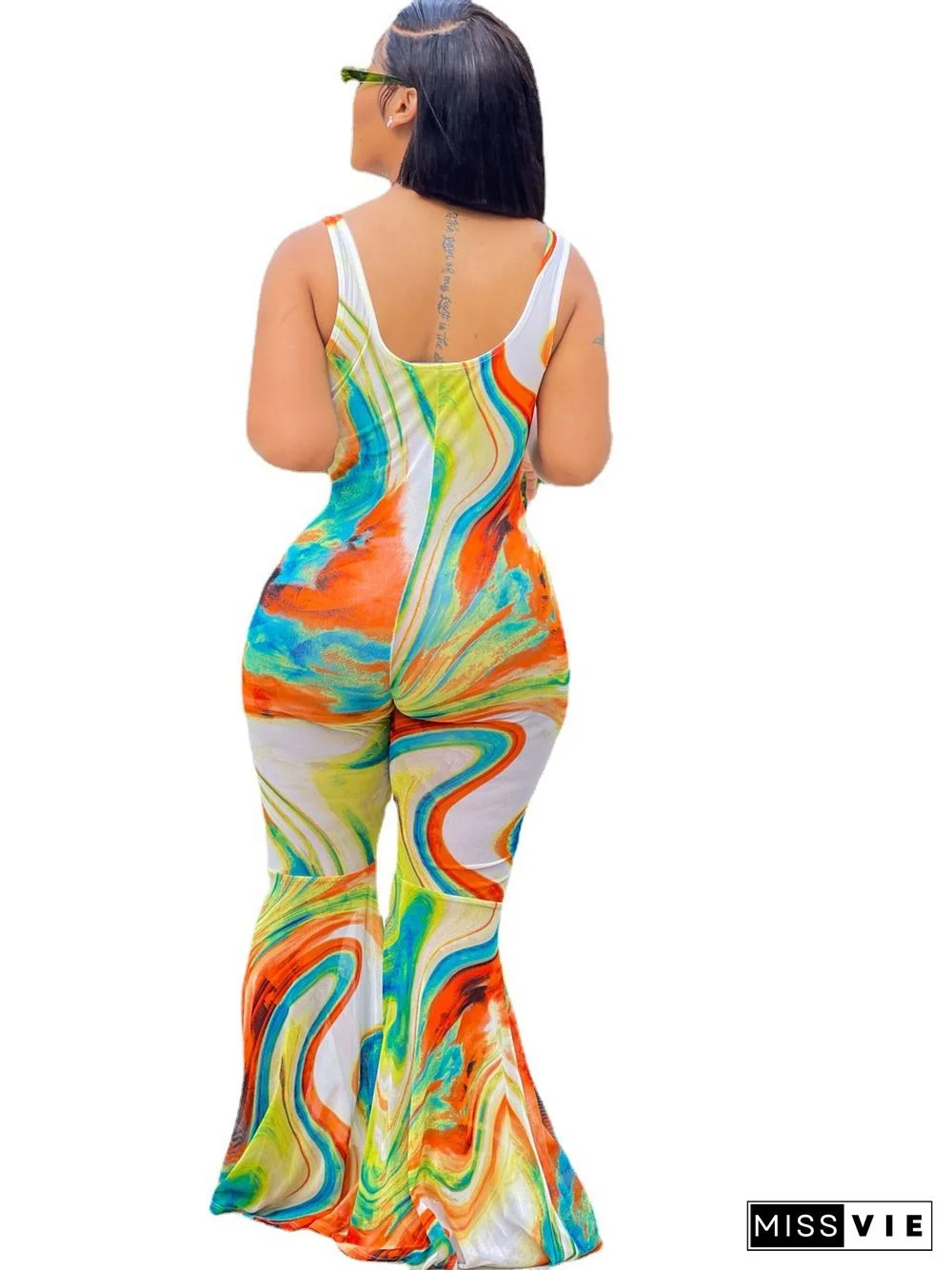 Summer Womens Clothing Casual Tie Dye Print Sleeveless Low Neck Backless Streetwear Bodycon Flare Jumpsuit