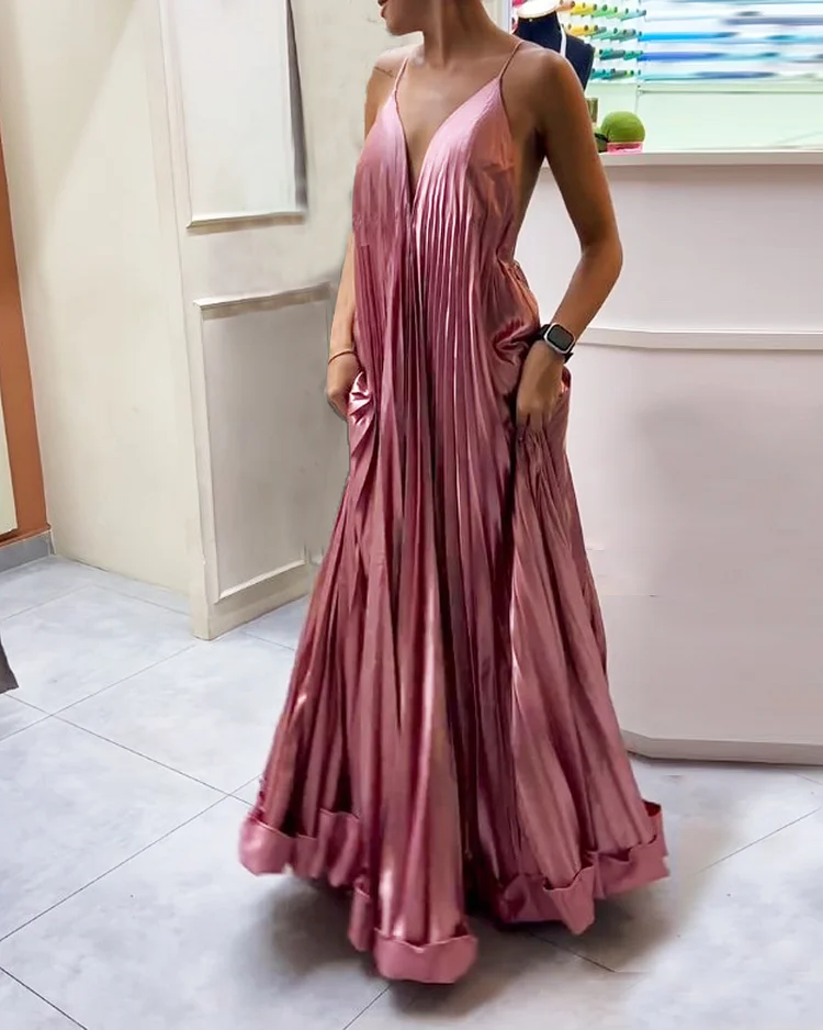 Sleeveless Pleated Solid Dress