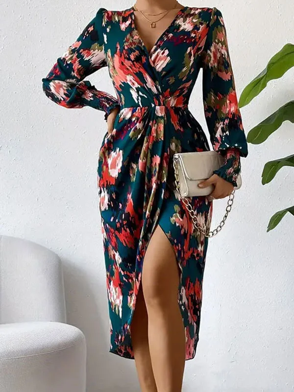 Floral Printed Elasticity Puff Sleeves Loose V-Neck Shirt Dress Midi Dresses