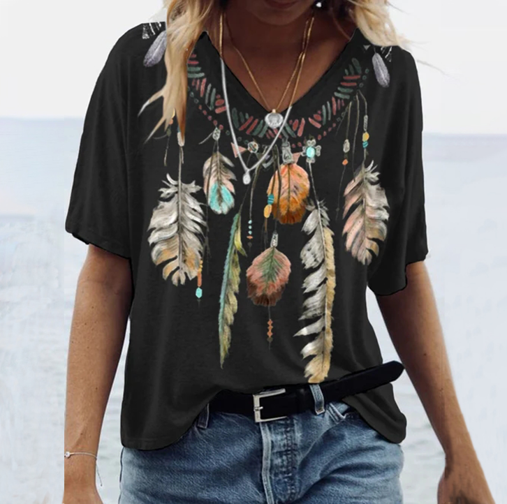  Vintage Feather Print Short Sleeve T-Shirt Westsshops