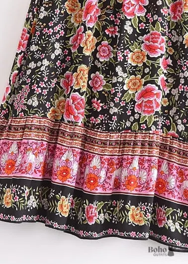 Boho Skirts in Eulalie Balck Pink Flower For Women