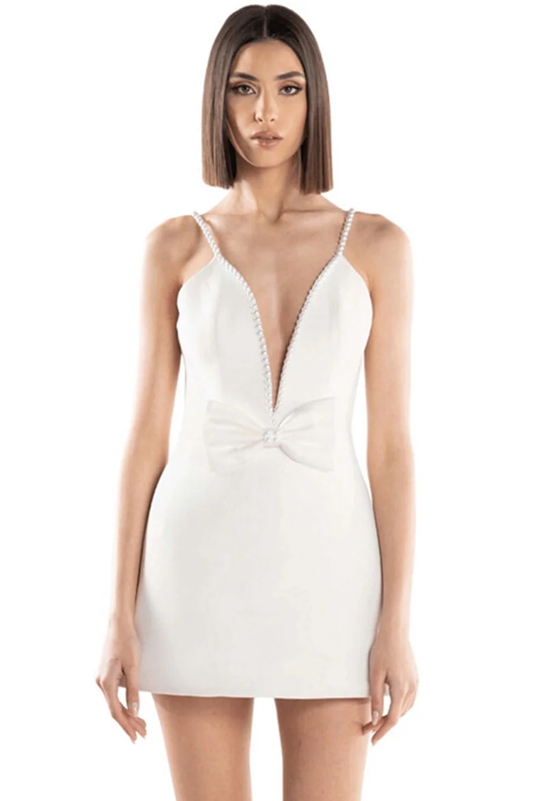 Bow Decor Pearl Strap Deep V Neck Backless Mini Dresses-White [Pre Order]