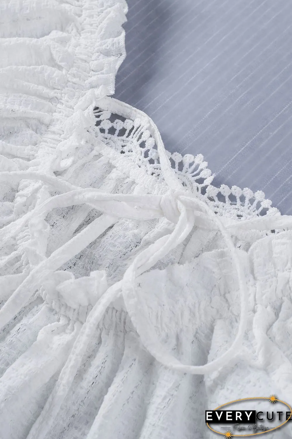 White Lace Crochet Lace-up Open Back Puff Sleeve Top