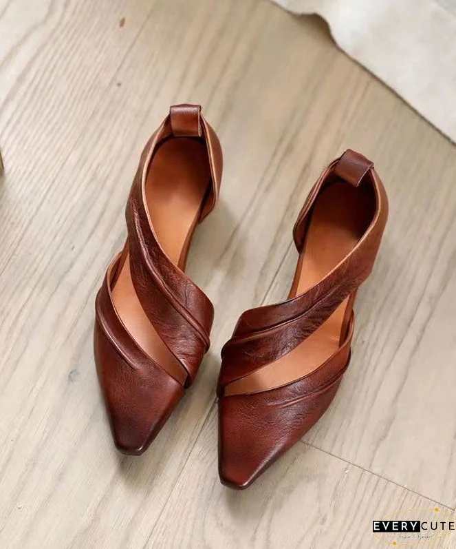 Coffee Hollow Out Pointed Toe Splicing Chunky High Heels