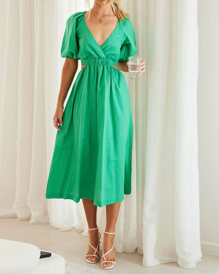 Cut-out V-neck midlength dress with bubble sleeves