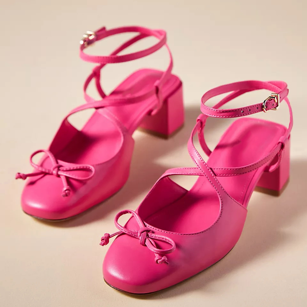 Pink Vegan Leather Closed Toe Chunky Heel Crisscross Ankle Strap Pumps Nicepairs
