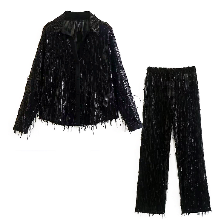 Black Fringed Sequined BlouseTwo Piece Set