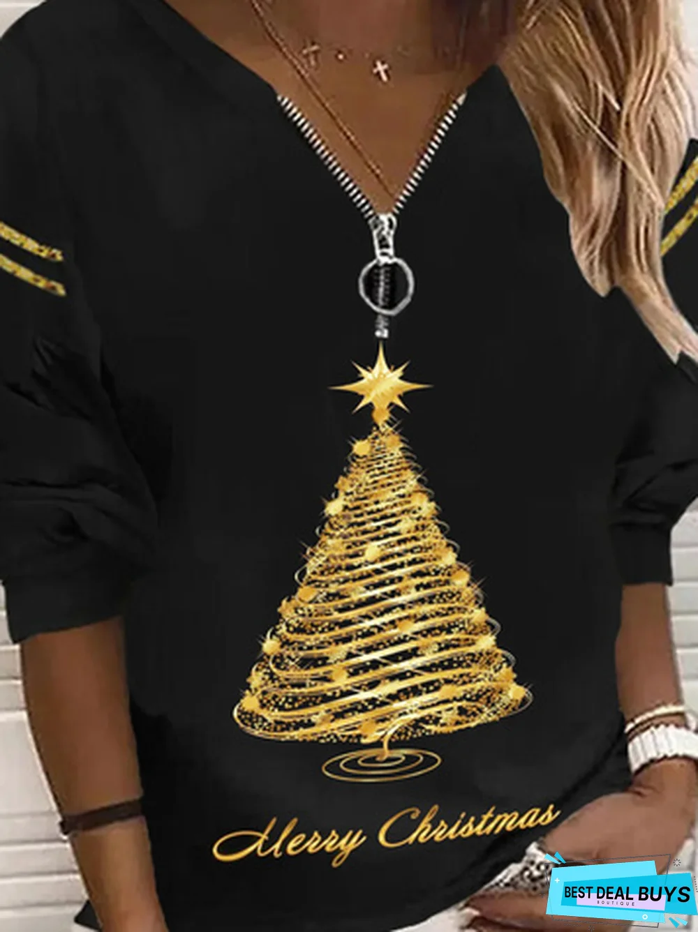Casual Christmas Long Sleeve V Neck Printed Top Sweatshirt