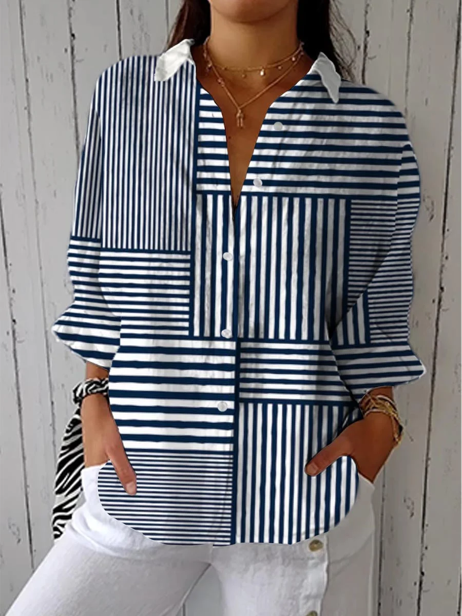 Women's Abstract Geometric Line Pattern Art Print Casual Cotton Linen V-neck Shirt