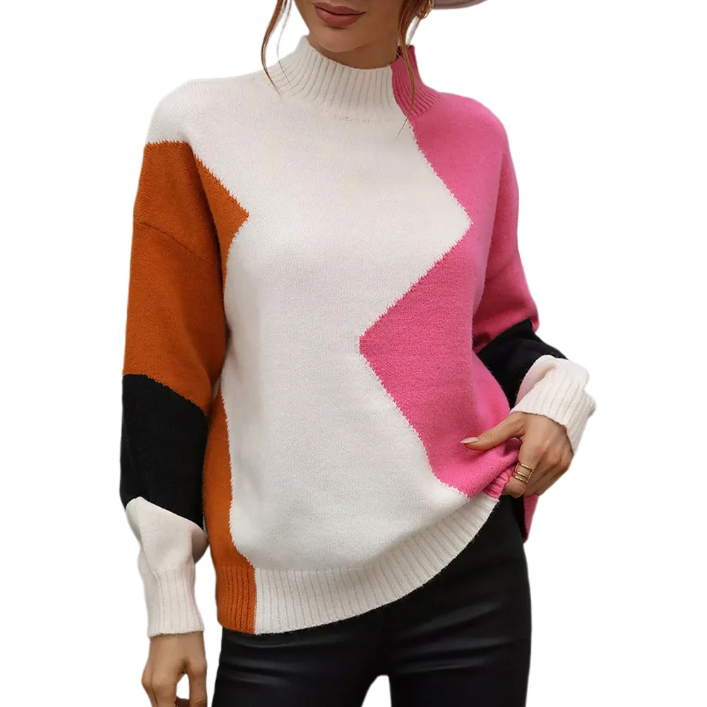 Rosy Color Block Crew Neck Knit Pullover Sweater