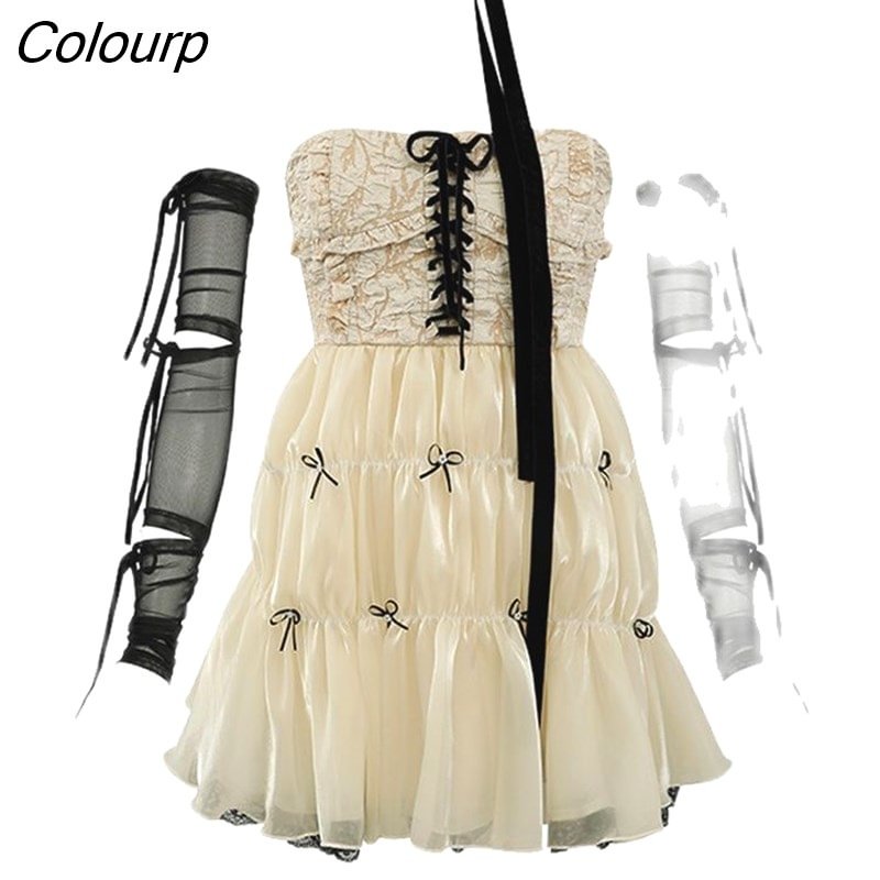 Colourp Women's Clothing Tube Top Dress Bow Lacing Sleeveless French Casual Sexy High Waist Self Cultivation Short Skirt Ladies Summer