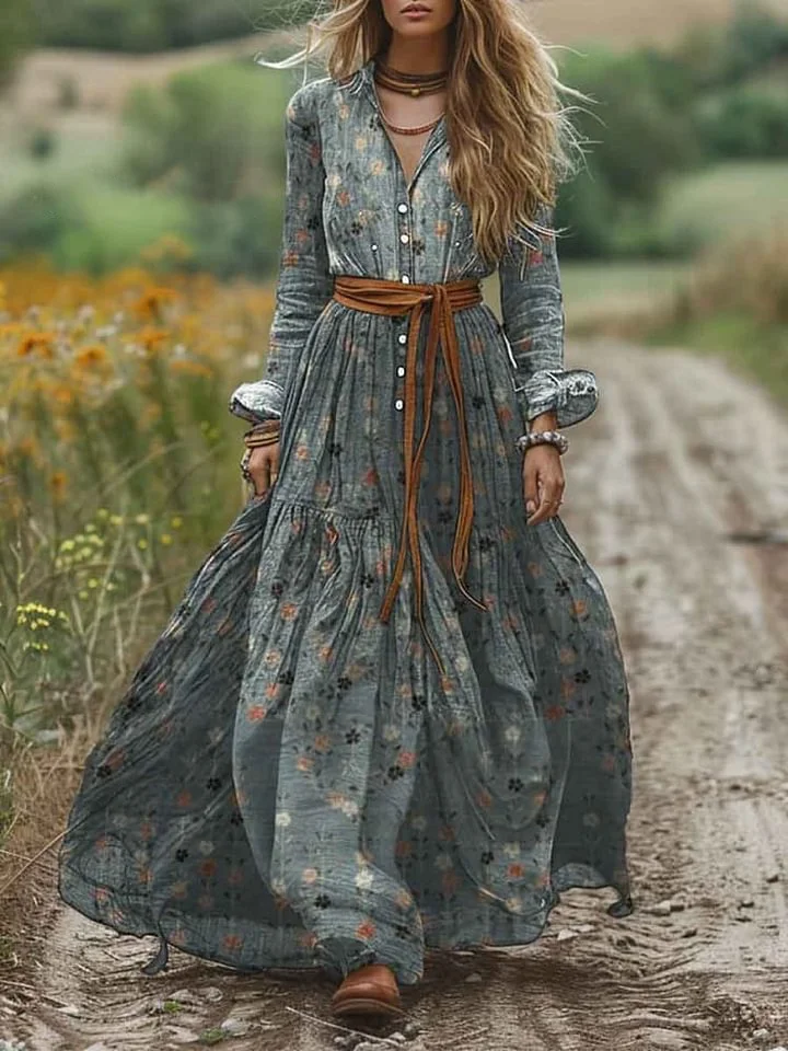 Women's Vintage Floral Print Pocket Cotton Shirt Dress