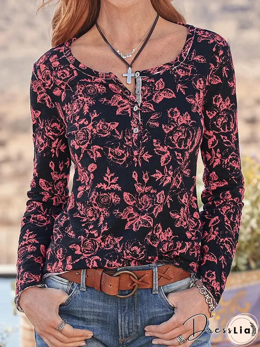 Casual Floral Autumn Micro-Elasticity Daily Jersey Hot List Long sleeve H-LineT-shirt