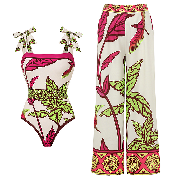 Bow-tie Shoulder Tropical Plant Pattern Printed  One Piece Swimsuit and Pants Flaxmaker