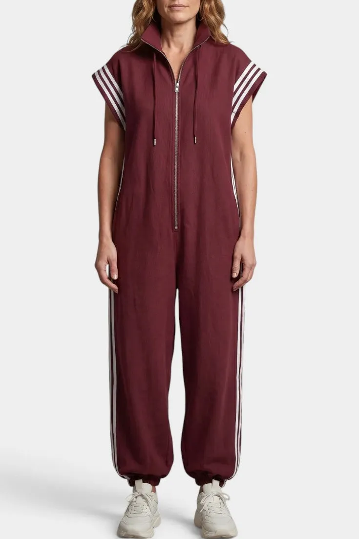 High-Neck Zip Jumpsuit with Striped Sleeves