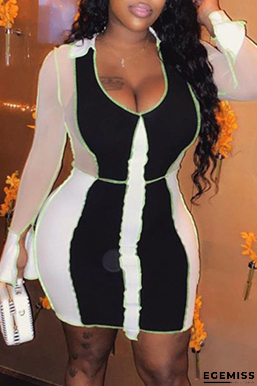 Black Fashion Sexy Patchwork Tear V Neck Long Sleeve Dresses | EGEMISS