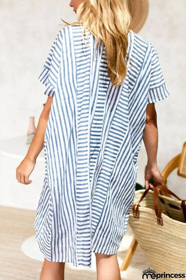 Organic Ocean Stripes Cotton Blend Dolman Sleeve Relaxed Mini Dress