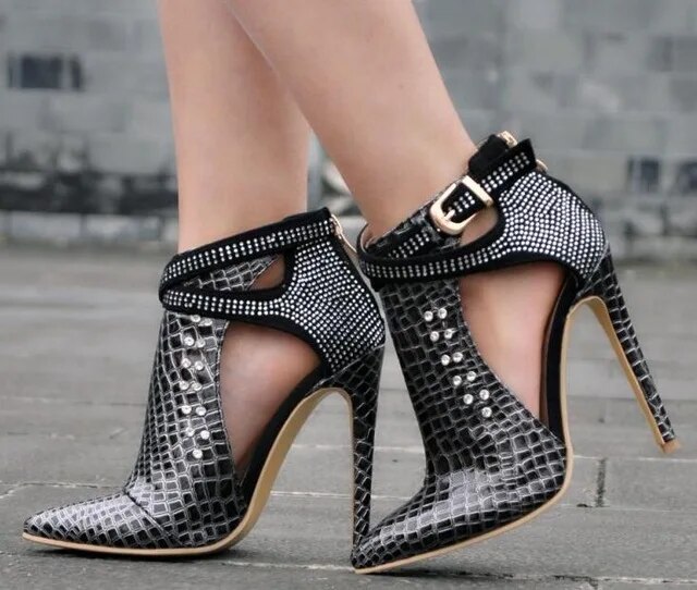 VCSHOES Ladies Crocodile Grain Leather Bling Rivets Studs Sandal Boots Stiletto High Heels Crystal Metal Buckle Ankle Boots Shoes