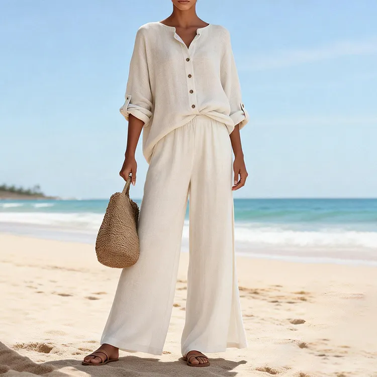 Women's Vintage Solid Color Linen Shirt And Pants Two Piece Set