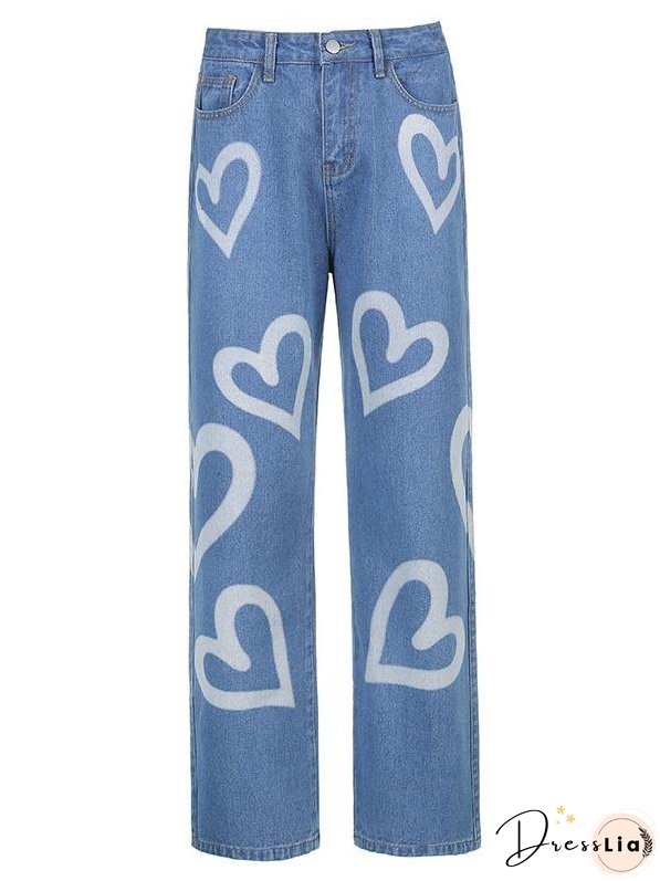 Loose Personality Graffiti Print Straight-leg Jeans for Women