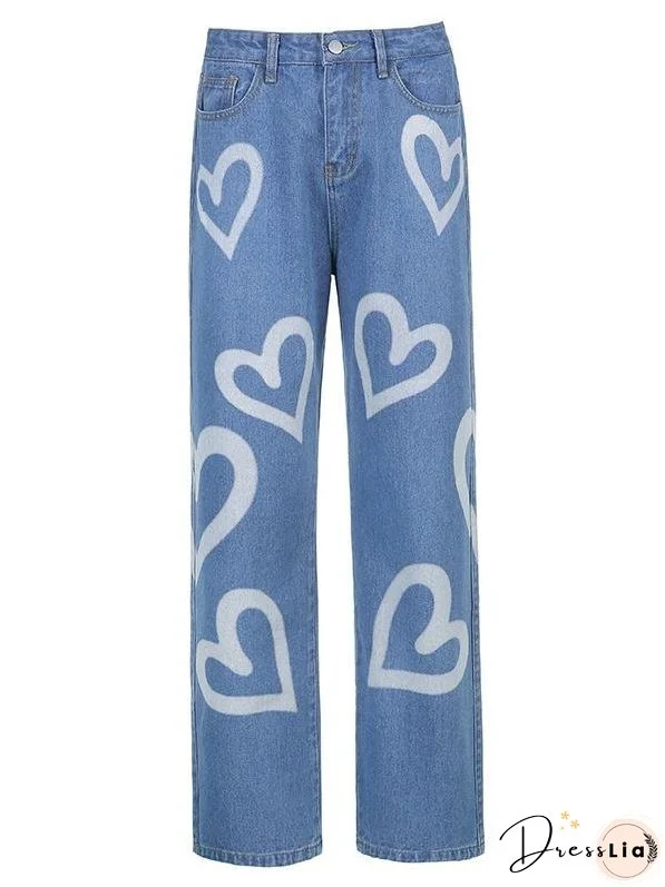 Loose Personality Graffiti Print Straight-leg Jeans for Women
