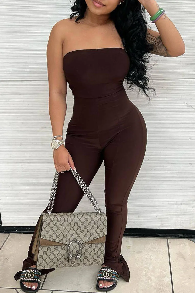 Sexy Solid Patchwork Strapless Skinny Jumpsuits