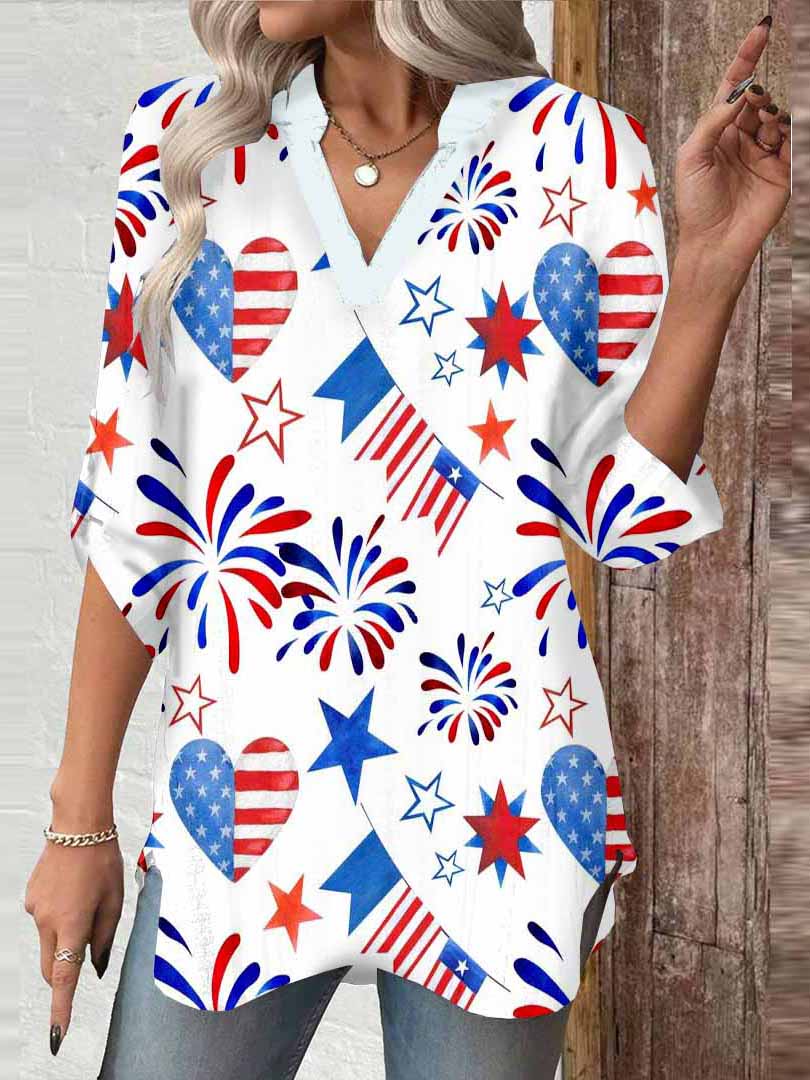 Women  Independence Day, Star, Striped, Blue, Red DZGA0222 3/4 Sleeve V-neck Printed Graphic Button Tops