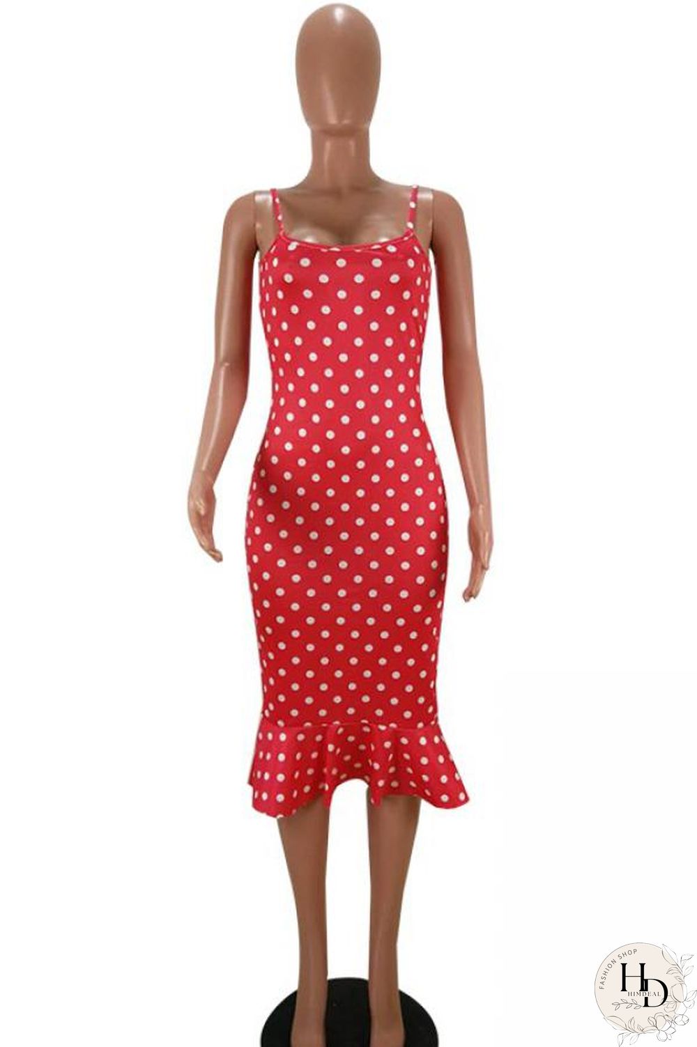 Red Polyester Sexy Fashion Spaghetti Strap Sleeveless Slip Step Skirt Knee-Length Print ruffle Patchwork