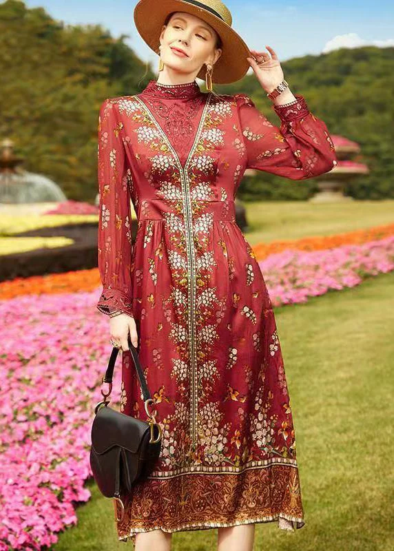 Women Red Stand Collar Hollow Out Print Patchwork Silk Dresses Fall