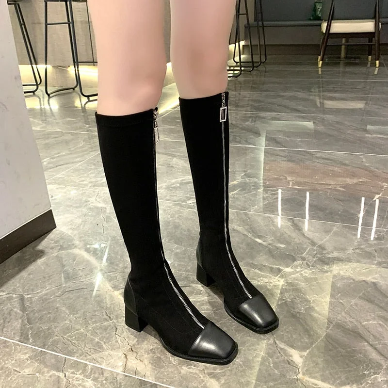 Square Toe Knee Boots For Women Zip Style Fashion 2020 Winter Knee-High Sexy High Heels Shoes Casual Ladies Female Boots