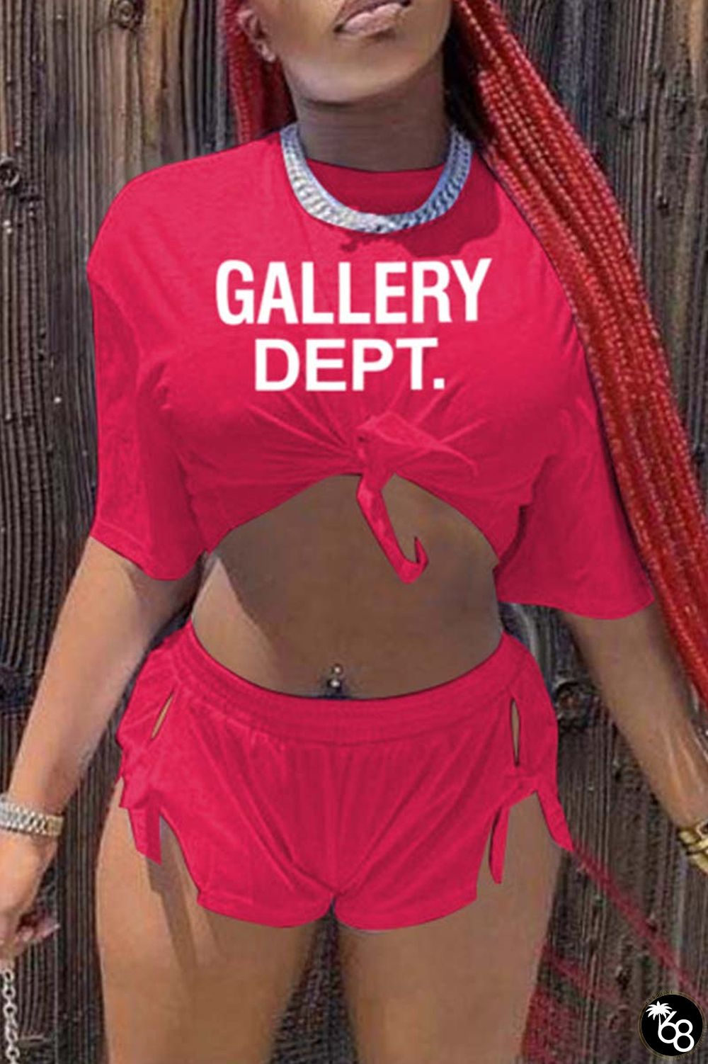 Rose Red Sexy Casual Letter Print Frenulum Slit O Neck Short Sleeve Two Pieces | 168DEAL