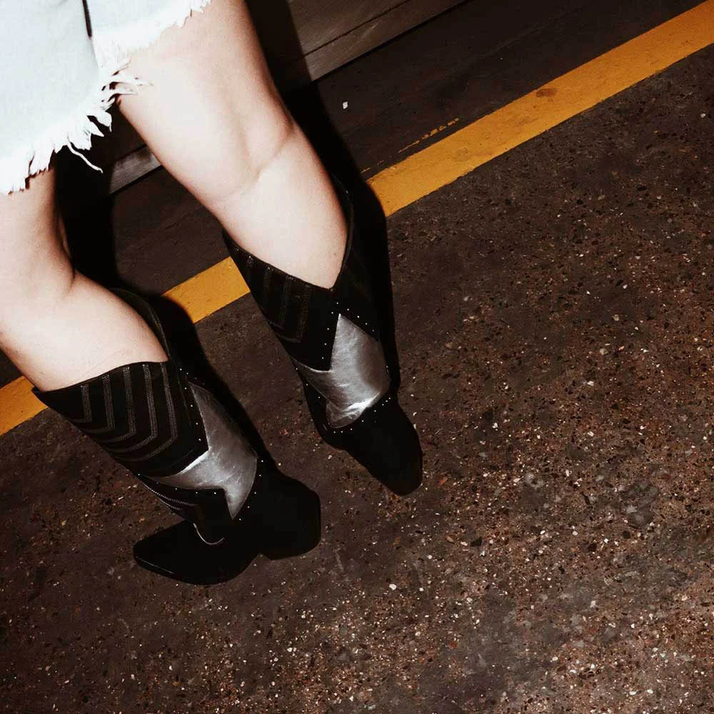 Block Heel Star Inlay Studded Knee High Black Cowgirl Boots for Women