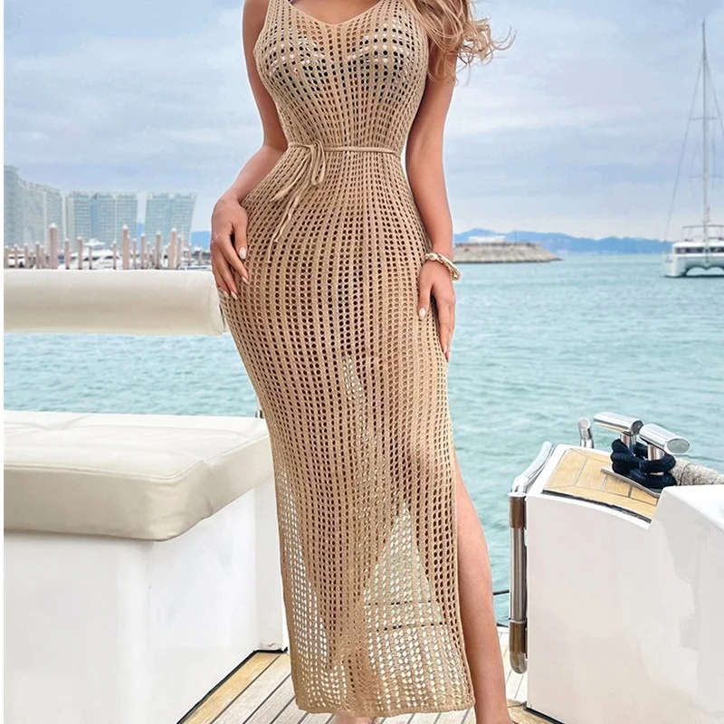 Athvotar Athvotar Sexy High-Rise Strap Hollow Dress Women's Beach Knitted Sunbine Bikini Hoodie